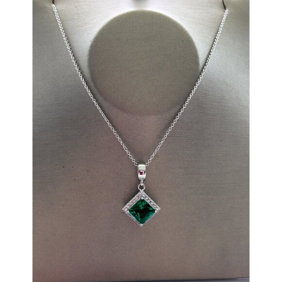 Sterling Silver Necklace With Green Square Gemstone Pendant & Clear Crystal Acce - Picture 2 of 4